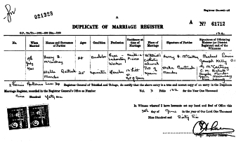 Marriage Certificate Harry Alston McArtney and Stella Gertrude Mendes, 19th July 1941, Port of Spain, Trinidad, West Indies